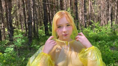 Girl in Pvc Raincoat Suck Dick in the Forest