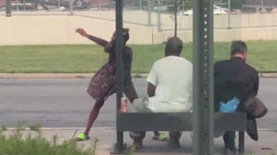 CRACKHEAD STRIPPING ON THE BLVD? SMOKING MOON ROCS WITH HER TITTIE OUT