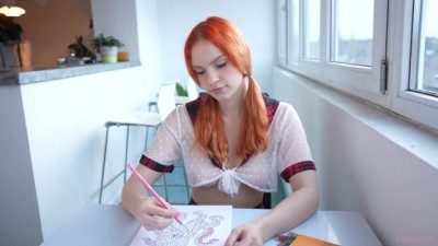 Schoolgirl draws a coloring Book and Spreads her legs best black porn sites when a guy comes for Creampie