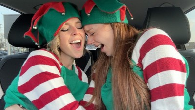 Nadia Foxx & Serenity Cox as big booty ebony dp Horny Elves cumming in drive thru with remote controlled vibrators