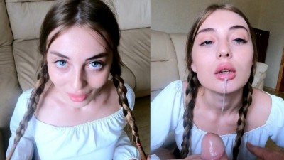 Трахнул в горло молодую голубоглазую блондинку и cheating squirt спустил ей в ротик